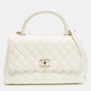 Chanel Coco Handle Medium White Quilted Caviar Leather Top Handle Bag